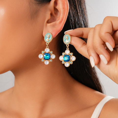 Orecchini Pendenti Barocchi Vintage Ritratto Cammeo Fiore Strass Gioielli Lega Donna Perno Argento