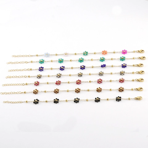 Stainless Steel Flower Necklace And Bracelet Jewelry 18K Gold Plated Colorful Beaded Floral Sweet Delicate Women