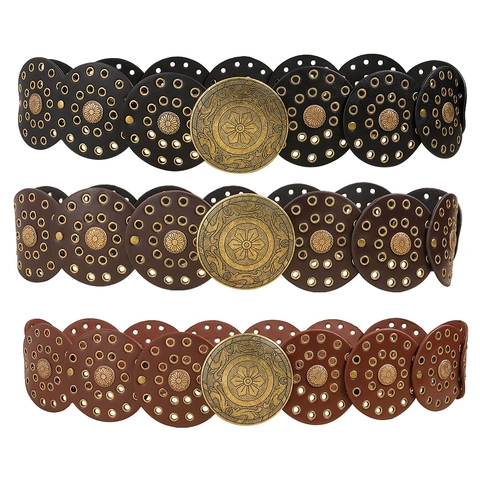 Ceinture Large en Cuir PU Vintage pour Femmes Avec Boucle Ronde en Alliage Gaufré Ceinture de Taille Style Ethnique Bohème pour Accessoire Robe Jeans