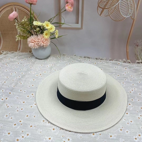Women Paper Straw Boater Hat Wide Brim Sun Protection Grosgrain Ribbon Flat Top Elegant Summer Beach Vacation
