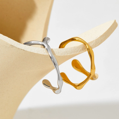 Adjustable Open Ring Stainless Steel Liquid Metal Style Irregular Geometric Organic Line Minimalist Fashion For Women