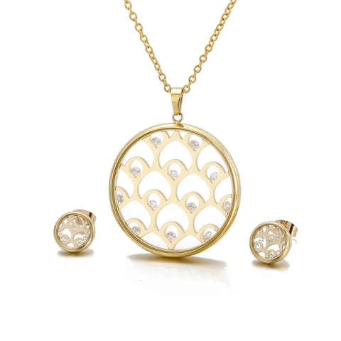 Stainless Steel Necklace And Earrings With 925 Sterling Silver Earring Post Hollow Round Pendant Cubic Zirconia Jewelry