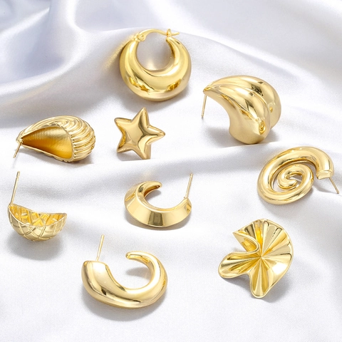Irregular Geometric Brass Earrings Wrinkled Star Spiral C-Shape Vintage French Style Polished Studs For Women