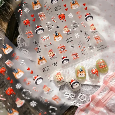 Christmas Cute Cat Nail Stickers Metallic Silver Ultra Thin Self Adhesive Kitten Snowflake Winter Holiday Manicure Decor