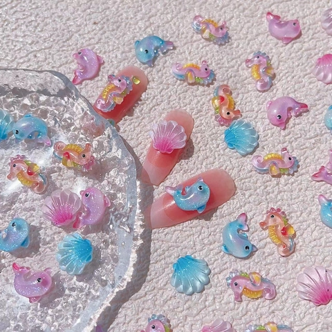 Decorazioni Unghie 3D Tema Oceano Resina Conchiglia Delfino Cavalluccio Marino Glitter Ghiaccio Trasparente Charms Manicure DIY
