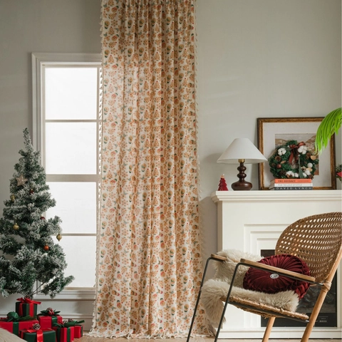 Christmas Gingerbread Man Cotton Linen Curtains Semi Blackout Tassel Partition Valance For Kitchen Living Room