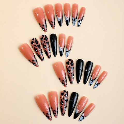 Halloween Geest Press On Nagels Lange Stiletto French Zwart Oranje Valse Nagels Met Nagelvijl En Lijmstickers