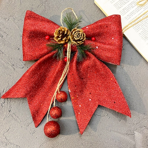 Large Christmas Bow Decoration With Glitter Pine Cones Berries Pine Needles And Hanging Balls Festive Home Ornament