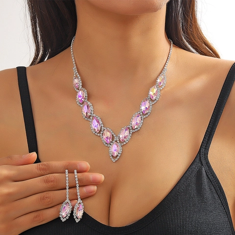Set Gioielli Sposa Lusso Lega Cristallo Strass Taglio Marquise Collana a V Orecchini Pendenti Donna Matrimonio Banchetto Accessori