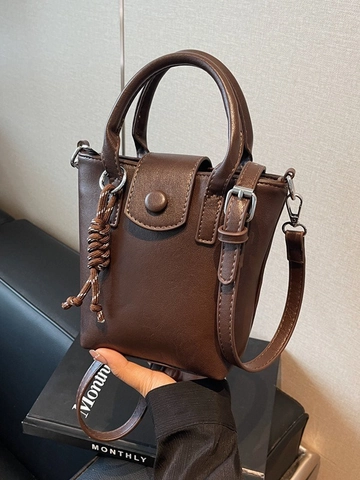 Borsa A Secchiello In Pelle PU Vintage Per Donna Borsa A Tracolla Piccola Retrò Con Ciondolo A Nodo Intrecciato E Chiusura Magnetica
