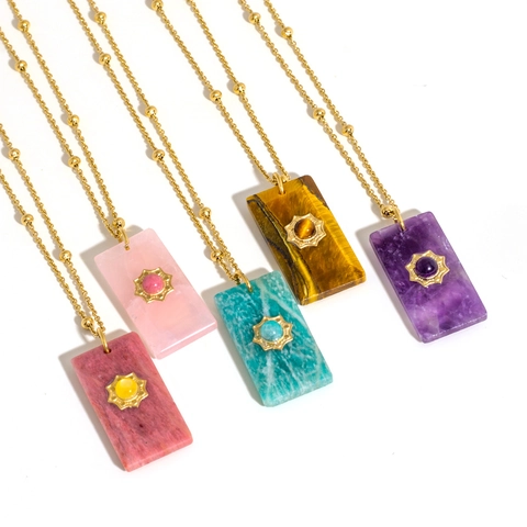 Collana con Pendente in Acciaio Inossidabile Vintage per Donna Pietra Naturale Quadrata Ciondolo Sole Stella Gioielli Regalo