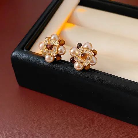 Flower Stud Earrings With Imitation Artificial Pearl Zircon Tiger Eye Stone And Silver Earring Post Vintage Luxury For Women