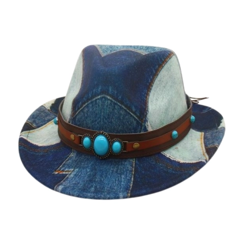 Cappello Fedora Bambini Cotone Poliestere Stampa Patchwork Denim Cintura Pelle Turchese Cowboy Western Retrò