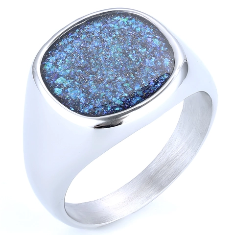 Anello Sigillo Quadrato In Turchese Intagliato Vintage Acciaio Inossidabile Pietra Arenaria Blu Gioielli Punk Retro Unisex
