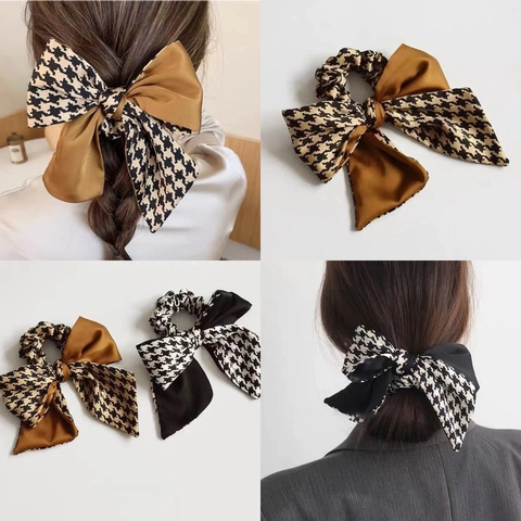 Houndstooth Patchwork Satin Bow Scrunchie Long Ribbon Hair Tie French Retro Elegant Ponytail Accessory For Women