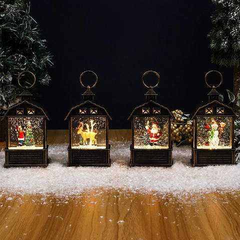 Christmas Bronze Retro Lantern LED Water Filled Glitter Plastic Snow Globe Santa Claus Snowman Reindeer Holiday Ornament