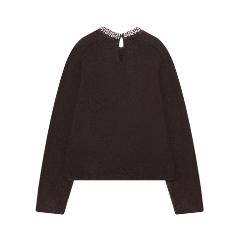 Maglione In Maglia Da Donna Manica Lunga Girocollo Strass Colletto Di Perline Elegante