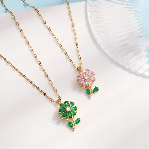 Collana Con Ciondolo A Fiore Rotante In Rame Placcato Oro Con Zircone A Goccia D'acqua Gioielli Eleganti Da Donna