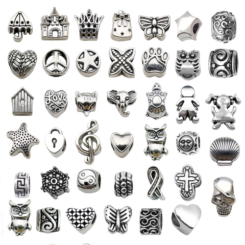 Antique Silver Zinc Alloy Large Hole Beads Charms For Bracelet DIY Jewelry Making Diverse Shapes Animals Hearts Stars