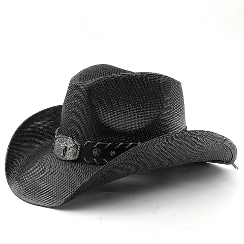 Western Cowboy Hat Woven Paper Straw Wide Brim Retro Gradient With Leather Band Metal Bull Head And Star Rivets For Men Women