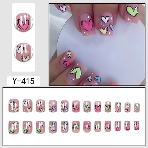 Colorful Heart Press On Nails Pink Translucent Glossy Squoval False Nails Hand Drawn Pattern Cute Women Valentine Day