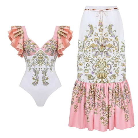 Maillot De Bain Une Pièce Femme Manches À Volants Imprimé Floral Baroque Col V Tenue De Plage Avec Jupe