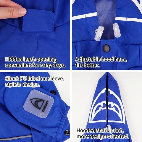 Dog Raincoat Waterproof Polyester Reflective Safety Strip Shark Hooded Full Body Jumpsuit For Small Medium Dogs