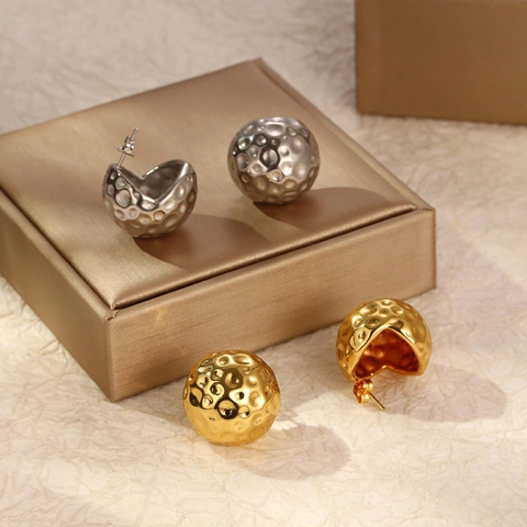 Pendientes De Botón Hemisféricos Huecos Acero Inoxidable Textura Martillada Chapado En Oro 18K Joyas Geométricas Mujeres