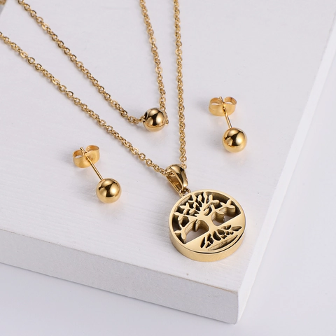 Joyería Árbol De La Vida Acero Inoxidable 316L Collar Doble Capa Pendientes Perla Artificial Diseño Hueco Mujer