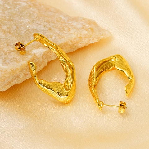 Irreguläre Ohrstecker Mit Geschmolzener Textur 18K Vergoldeter Edelstahl Vintage Geometrischer C-Form Schmuck Für Damen