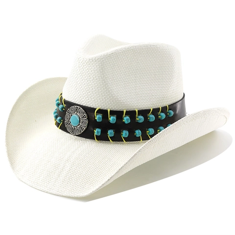 Chapeau De Cowboy Occidental Tresse De Paille Large Bord Protection Solaire Avec Perles Turquoise Bande Cuir Vintage Style