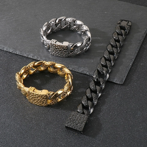 Men Cuban Chain Bracelet Stainless Steel Chunky Texture Punk Hip Hop Jewelry For Daily Wear