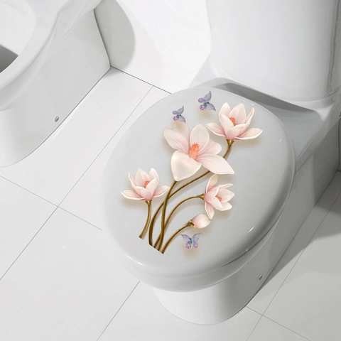 Adesivo Per Sedile WC Fiori E Farfalle PVC Impermeabile Decalcomanie Decorative Per Bagno Casa Effetto 3D Autoadesivo