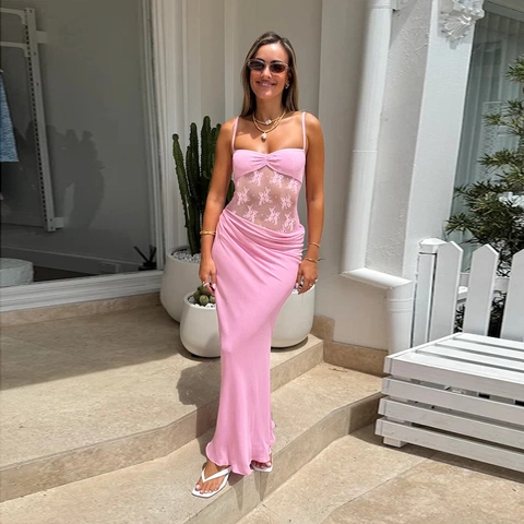 Women Lace Patchwork Cotton Linen Maxi Dress Sexy Spaghetti Strap High Waist Bodycon Summer Streetwear Party Pink Blue