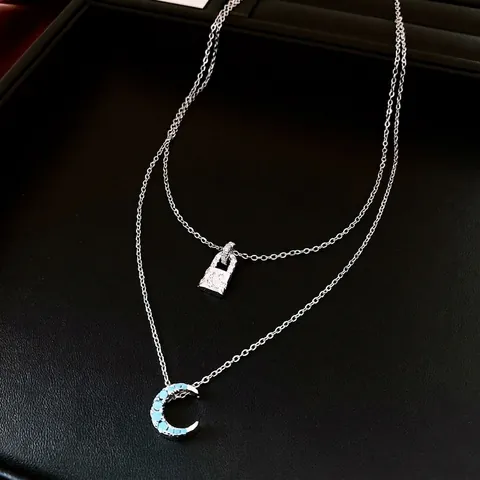 Double Layer Necklace Copper Zircon Lock Moon Pendant Star Engraved Clavicle Chain Jewelry For Women