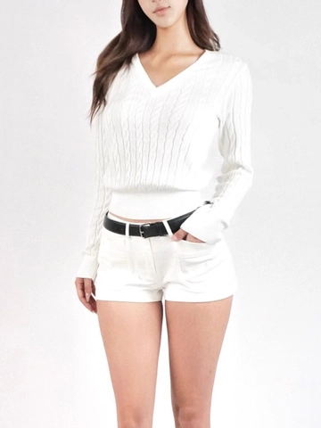 V Neck Cable Knit Sweater Long Sleeve Slim Fit Cotton Acrylic Blend Pullover For Women Solid Color