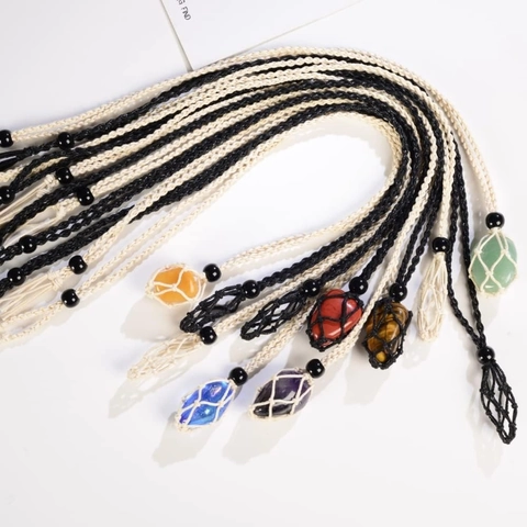 Hand Woven Net Pocket Necklace Adjustable Cord Natural Crystal Stone Holder DIY Bohemian Jewelry For Women Men