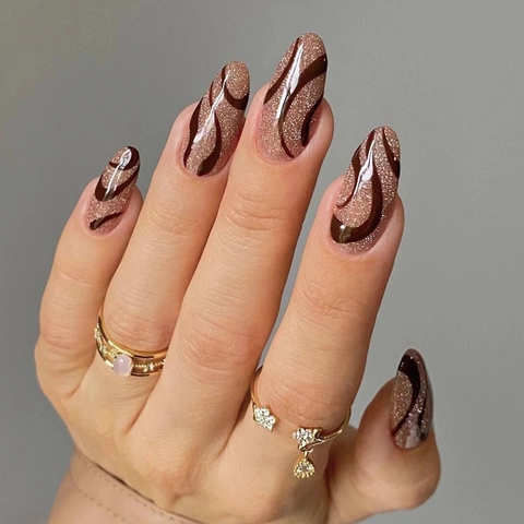 Brown Wave Almond Press On Nails With Golden Glitter Long Artificial False Nails For Women