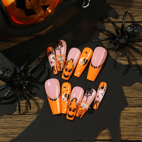 Unghie Finte Halloween Coffin Lunghe Con Ragno In Strass 3D Motivo Zucca Fantasma Lucido Per Donne