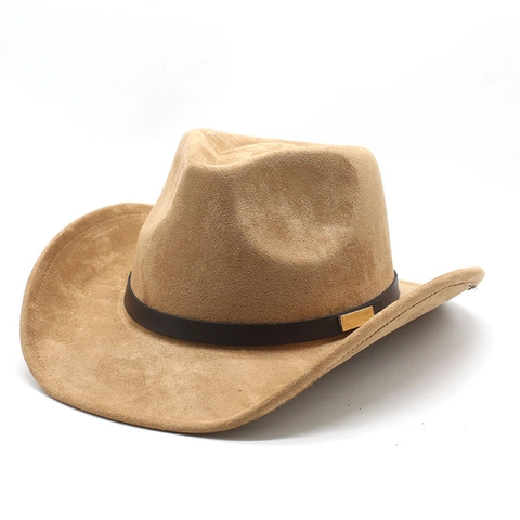 Western Cowboy Hat Suede Polyester Curved Wide Brim Vintage Ethnic Style With Belt Metal Buckle Adjustable Outdoor Sun Protection