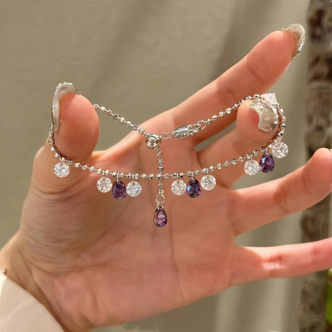 925 Sterling Silver Galaxy Star Adjustable Bracelet For Women Purple And White Rhinestone Water Drop Pendant Drawstring Chain Jewelry
