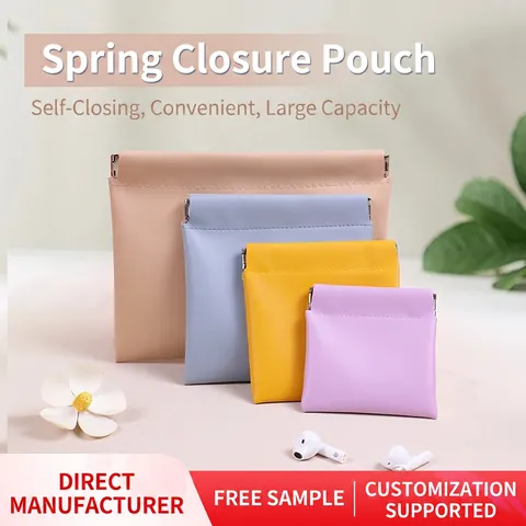 Portable Squeeze Pouch PU Leather Automatic Closure Makeup Bag Earphone Organizer Coin Purse Jewelry Storage Pocket Waterproof Travel Accessories Minimalist Organizer