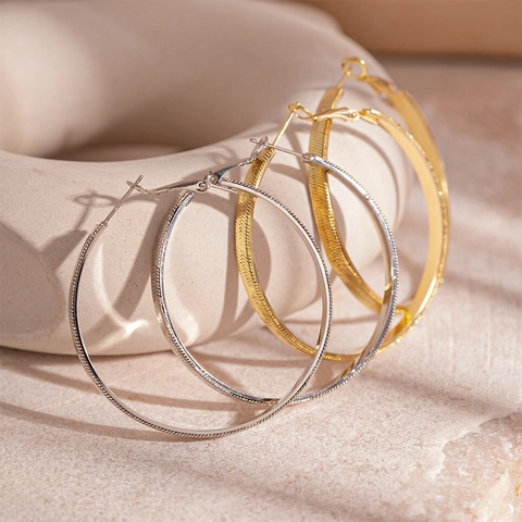 Grandi Orecchini A Cerchio Texturizzati Con Silver Earring Post Gioielli Di Moda In Rame Inciso Geometrico Per Le Donne
