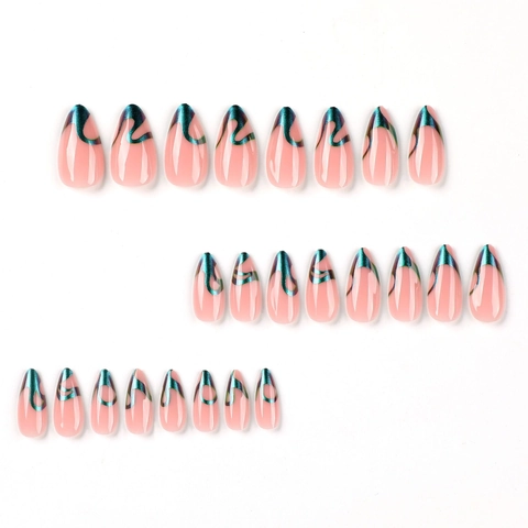 Ongles À Presser Amande Base Rose Nude Lignes Ondulées Vert Métallique Style Français Longues Pointes Artificielles