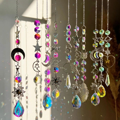 Crystal Suncatcher Pendant Rainbow Maker Prism Ball Silver Metal Celestial Sun Moon Star Hanging Garden Window Decor