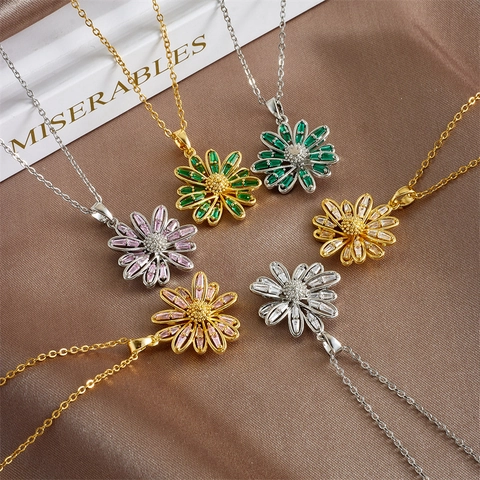 Collar Con Colgante De Flor Margarita Circón Colorido Cobre Chapado En Oro Cadena De Acero De Titanio Para Mujeres
