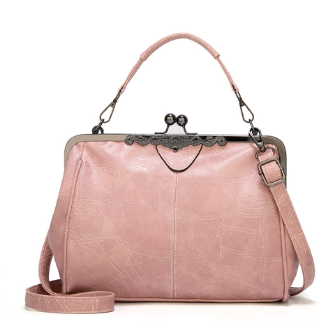 Retro PU Leer Kiss Lock Handtas Voor Vrouwen Vintage Gepreegde Crossbody Tas Met Handvat Metalen Frame Schoudertas Portemonnee