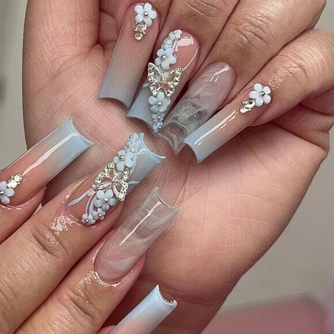 Press On Nails Lang Trapez Französisch Farbverlauf Schmetterling Blume Straßstein Deko Glänzend Falsche Nägel Für Damen