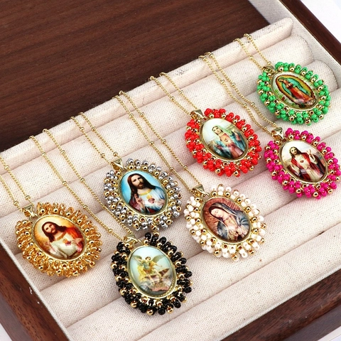Religious Portrait Pendant Necklace Copper Plated Seed Beads Oval Virgin Mary Sacred Heart Jesus Vintage Bohemian Ethnic Jewelry