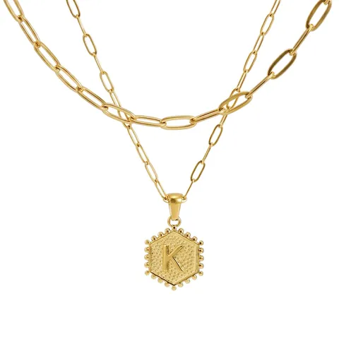 Collier Double Couche Plaqué Or 18K Acier Inoxydable Hexagone Initiale Alphabet Médaille Pendentif Chaîne Trombone Bijou